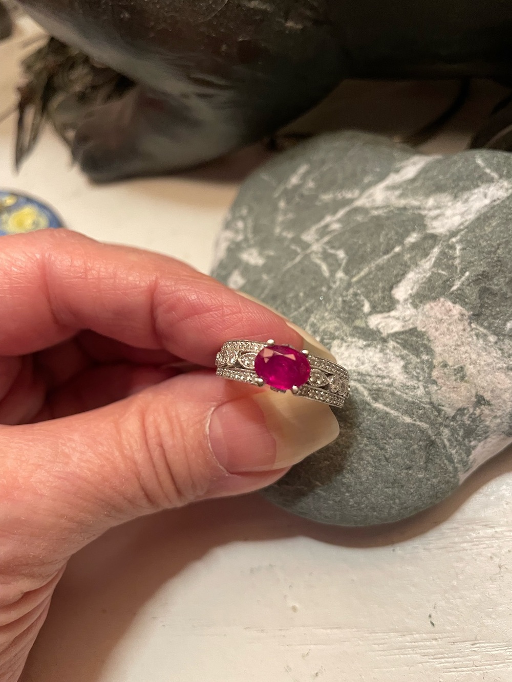 Stunning Ruby surrounded by Pavé diamonds Ring - Women's Jewelry 14k white gold